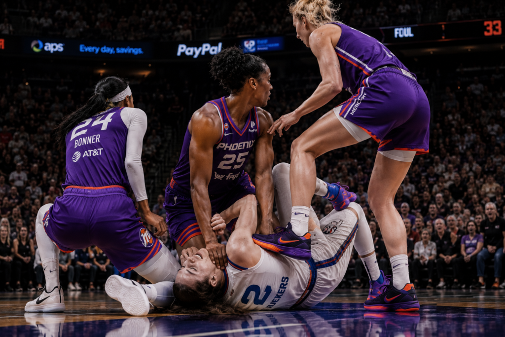 Caitlin Clark protecting Alyssa Thomas and unknown player from injury